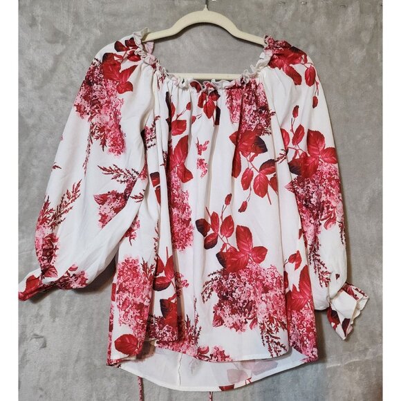 ChicMe Bloody Red floral Off-Shoulder Puff Sleeve Blouse - Chic & Boho Style M - Picture 3 of 5